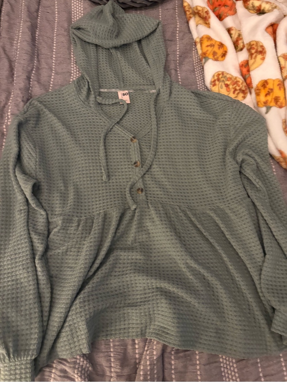SO Sage Green Waffle-Knit Hooded Peplum Top